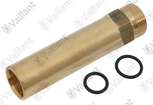 Vaillant Adapter aus Messing mit zwei schwarzen O-Ringen, zylindrische Form mit einem angepassten Gewinde an einem Ende.